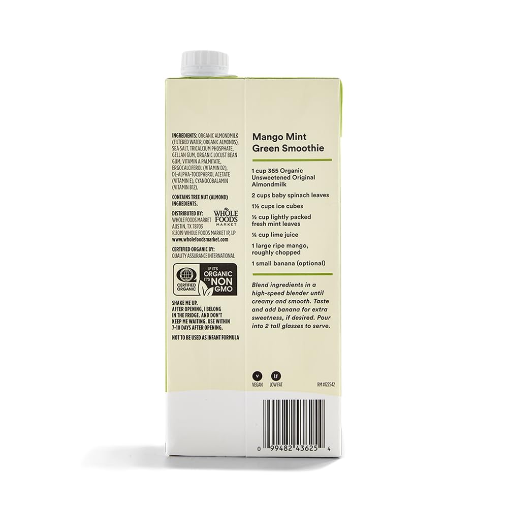 365 by Whole Foods Market, Leche de almendras orgánica sin azúcar, 32 onzas líquidas